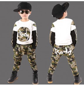 white army camouflage printed fashion boys kids children girls cos play stage performance cotton jazz hip hop dance costumes outfits